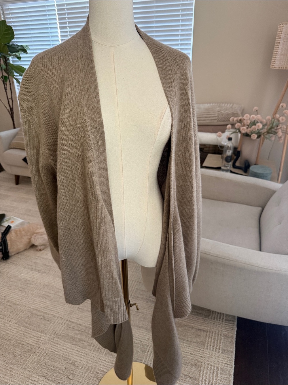Zara Neutral Taupe Open-Front Draped Knit Cardigan